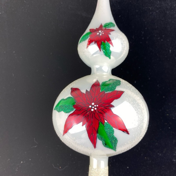 Vintage Tree Pinnacle Top Red Poinsettias Poland Blown White Glass Hand Crafted - Picture 2 of 12